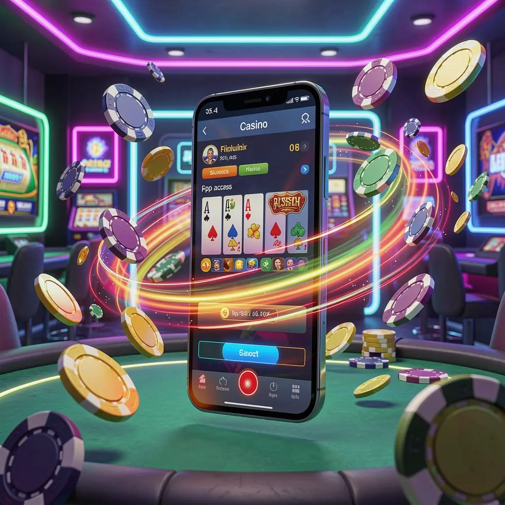 Visual akses pantas aplikasi kasino RM8888 menunjukkan telefon pintar dengan jejak cahaya kelajuan, syiling dan cip berterbangan di sekeliling pada latar belakang kasino neon moden dalam paparan 3D dinamik