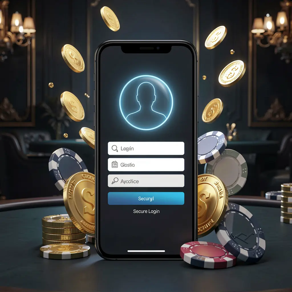 Sepanduk utama halaman log masuk kasino dalam talian RM8888 menampilkan telefon pintar moden dengan skrin log masuk selamat, ikon profil pengguna bercahaya, syiling emas dan cip poker mengelilinginya pada latar belakang mewah gelap
