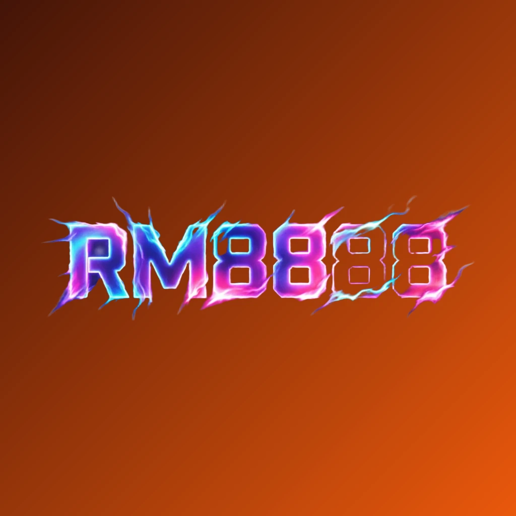 Logo permainan berwarna-warni untuk RM8888 menampilkan huruf blok ekstra tebal dengan gradien neon biru elektrik, ungu dan merah jambu serta kesan cahaya dinamik pada latar belakang lutsinar