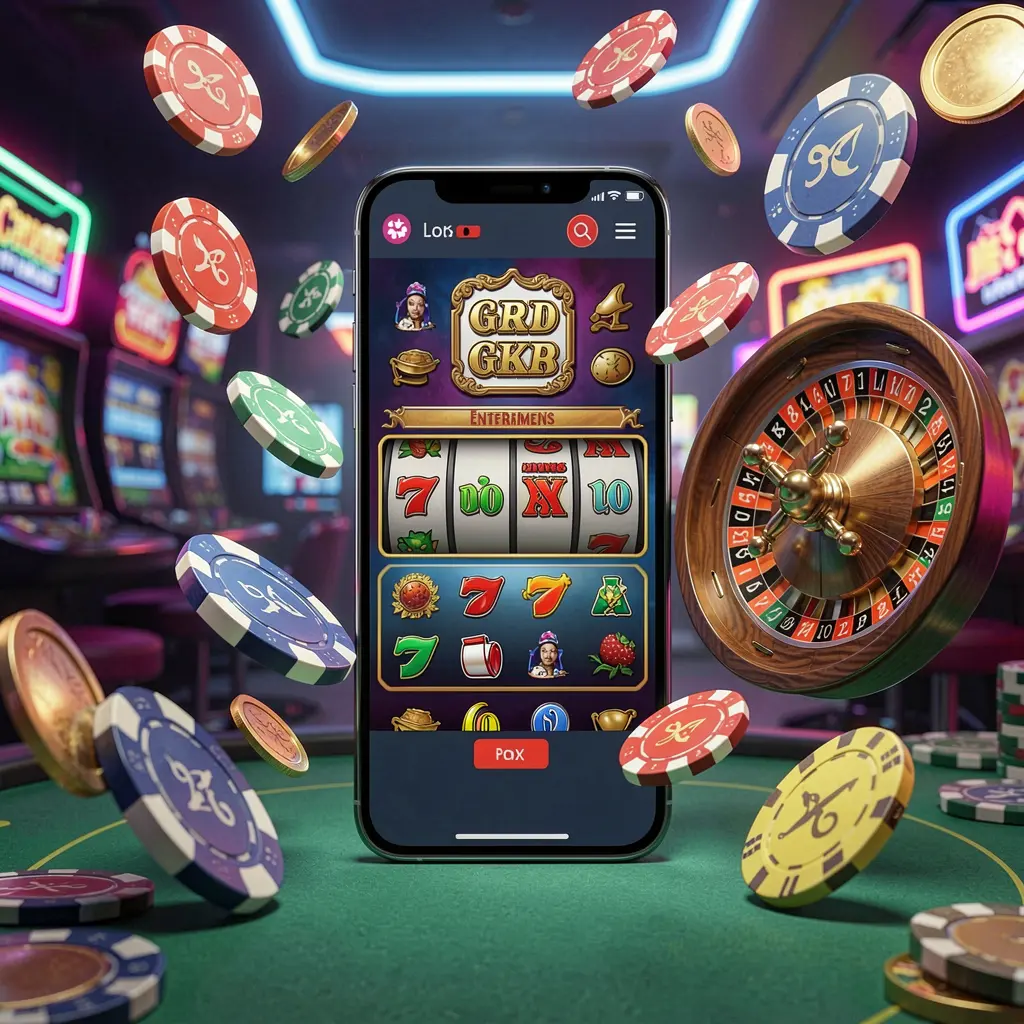 Konsep halaman utama hiburan kasino RM8888 menampilkan telefon mudah alih moden dikelilingi simbol slot, roda rolet, cip dan syiling terapung pada latar belakang kasino neon dalam paparan 3D premium
